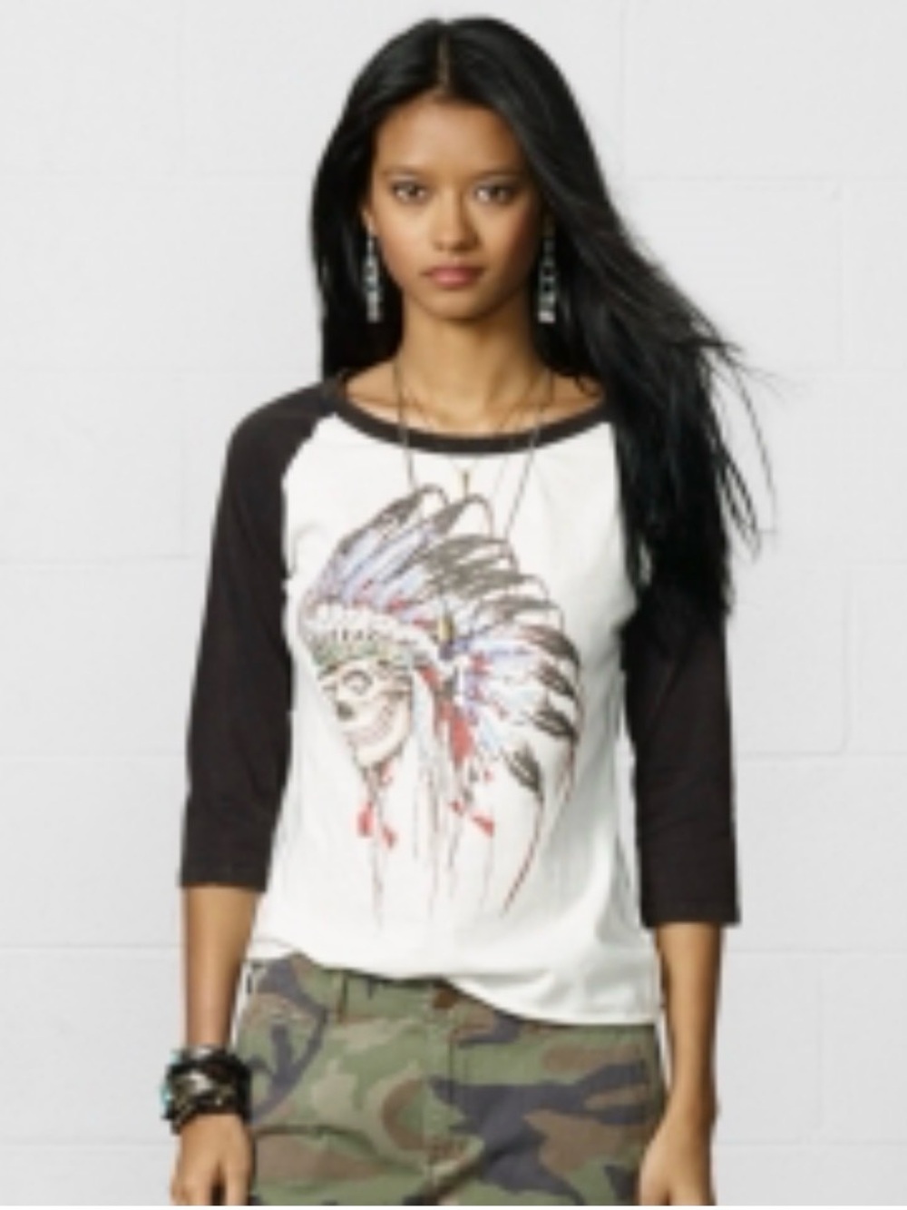 Ralph Lauren Denim&SupplyWhite & Black Tee with Feathered Headress Skull Graphic
